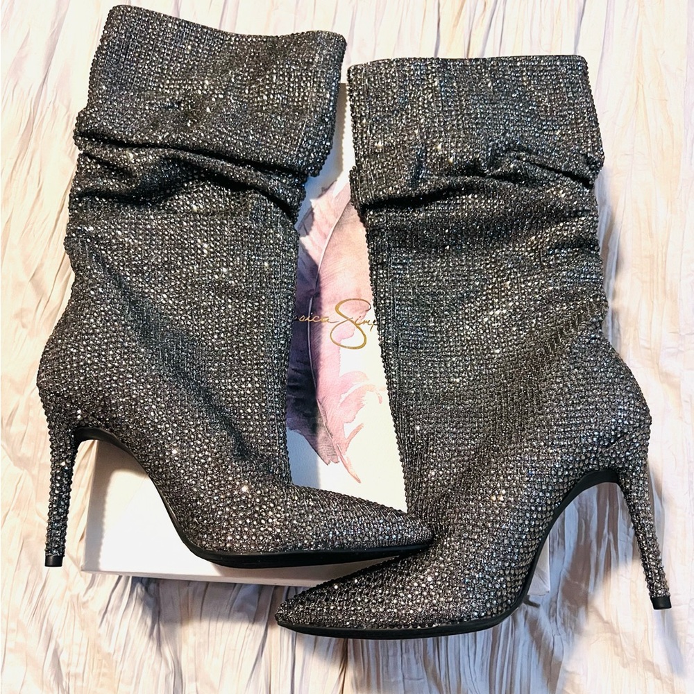 Jessica Simpson Pewter Heeled Stiletto Studded Boots